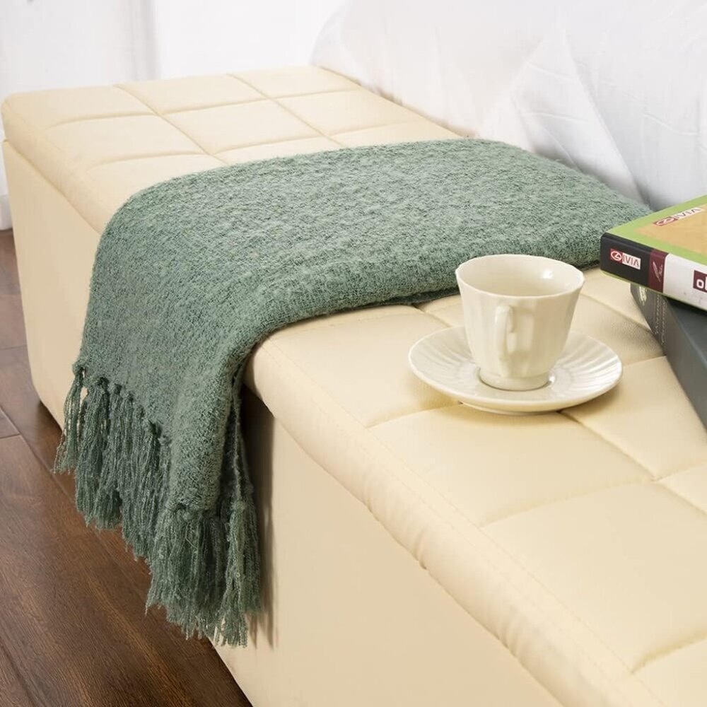 Decorative Fluffy Green Throw Blanket Fringe Lightweight Fuzzy Faux Cashmere Sof